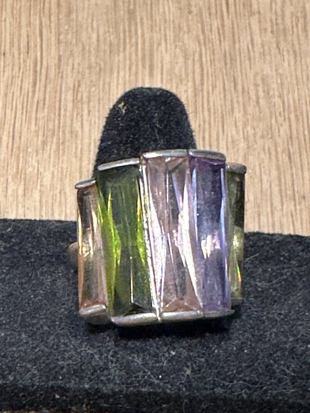 Sterling Silver Statement Ring Sz 7.75 baguette cut stones Pink Green Purple